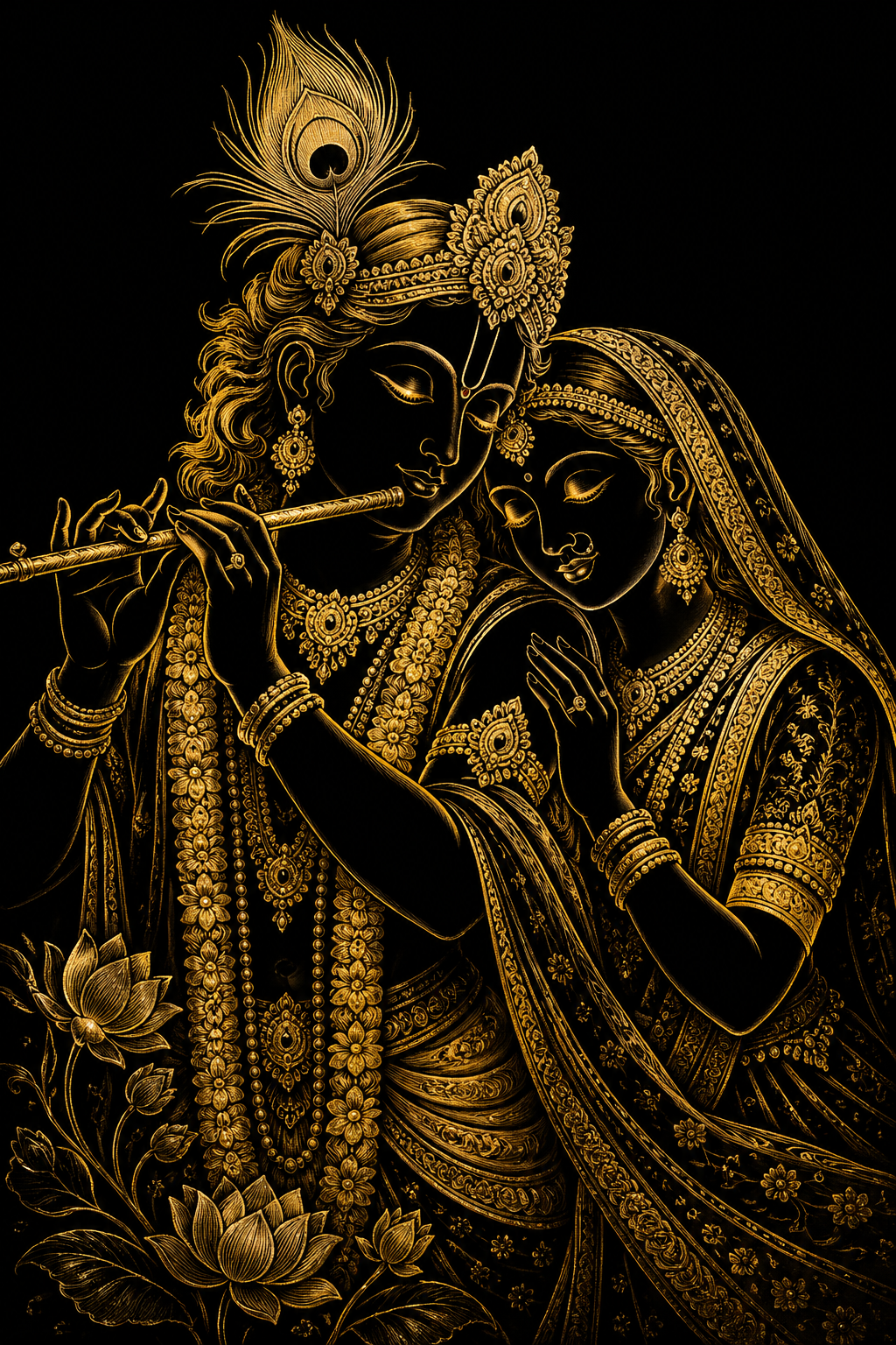 Radha Krishna in gold etching style on black background with detailed ornamental patterns